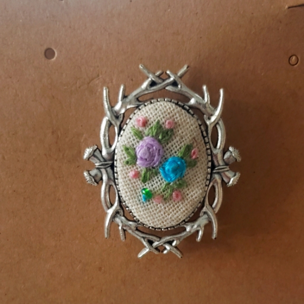 Hand Embroidered Floral Brooch Pin